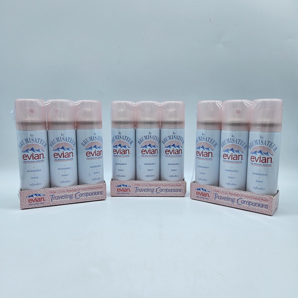 3 VTG Evian Mineral Water Facial Spray, 1.7 oz. Travel 3-Pack NOS 9 Cans Total
